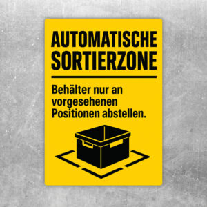 Aufkleber Automatische Sortierzone mit Behältern auf markierten Positionen und Hinweistext für Lagerbereiche.