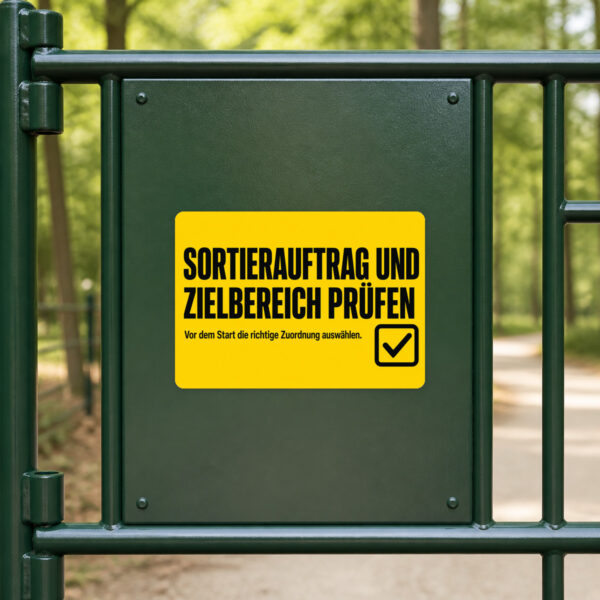 KI-generiertes Anwendungsbeispiel: Sortierauftrag Aufkleber an grauer Fläche für Lager und Versandbereich.