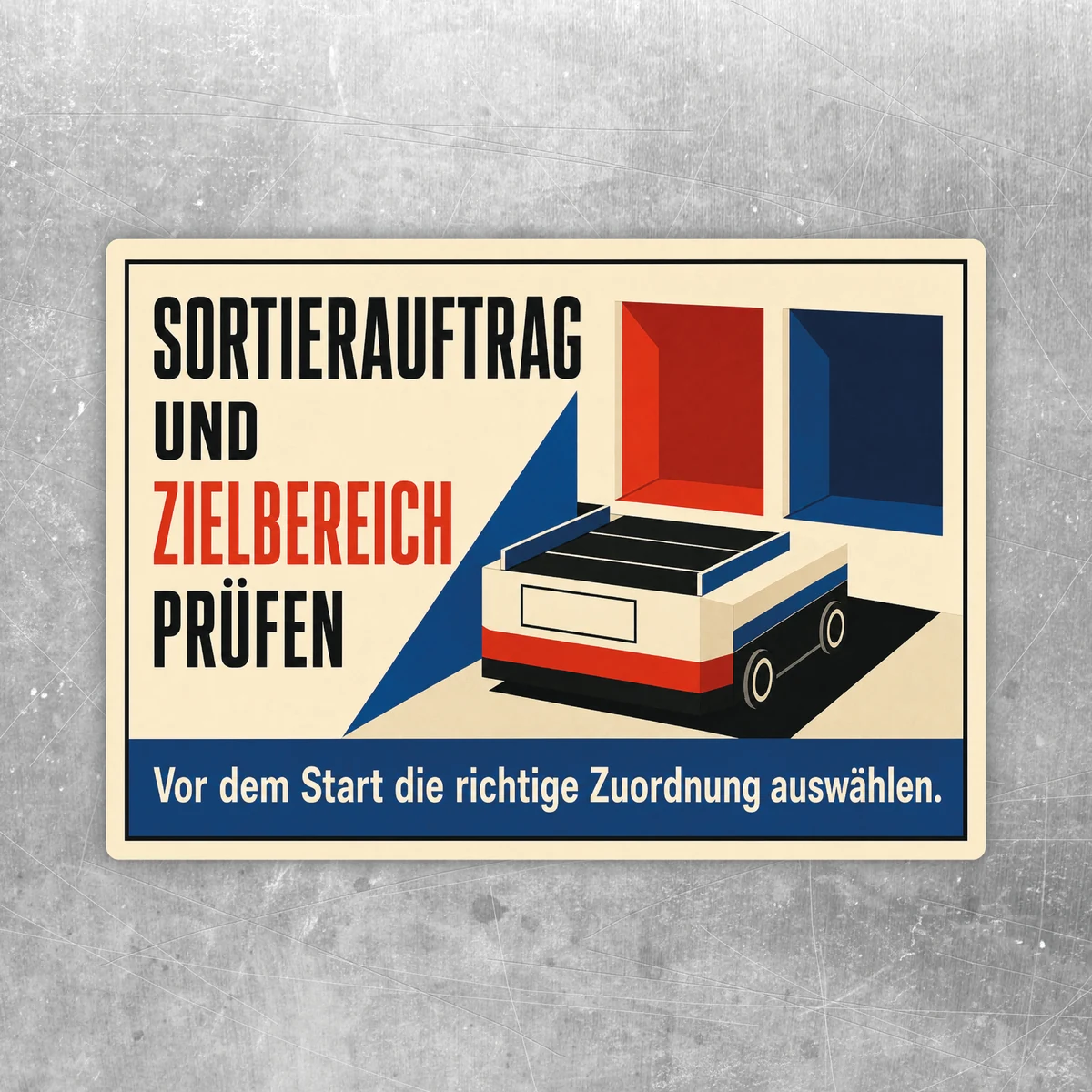 Querformatiger Aufkleber mit Text Sortierauftrag und Zielbereich prüfen, beige Fläche, roter und blauer Grafik.