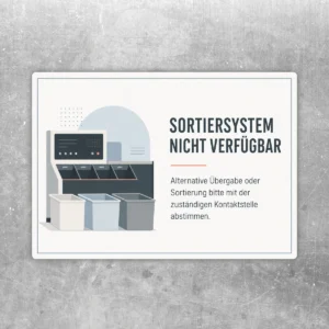 Querformatiger Aufkleber mit Sortiersystem-Grafik und Hinweis Sortiersystem nicht verfügbar, alternative Übergabe abstimmen.