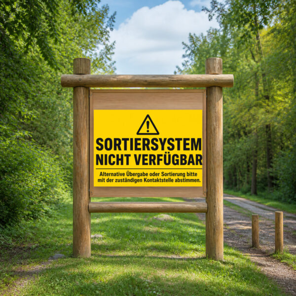 KI-generiertes Anwendungsbeispiel: Hinweisschild Sortiersystem nicht verfügbar – alternative Übergabe abstimmen am passenden Einsatzort mit gut sichtbarem Motiv und klarer Beschriftung.