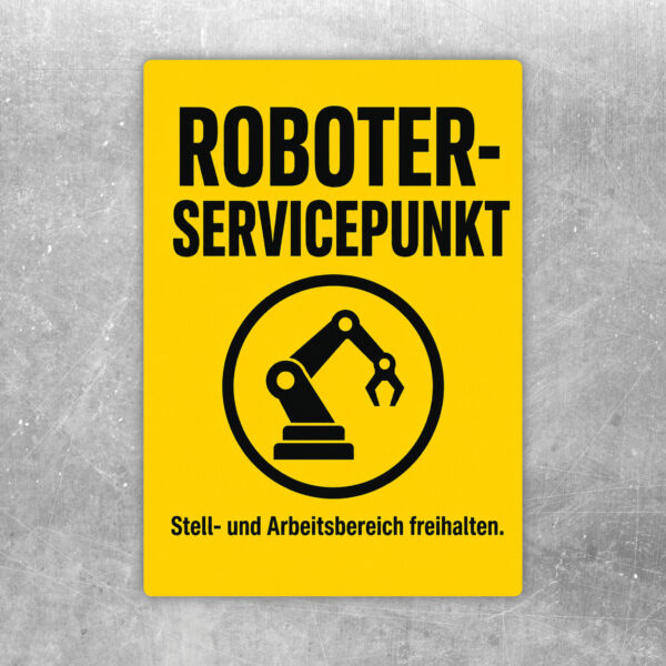 Roboter-Servicepunkt Aufkleber mit markiertem Stell- und Arbeitsbereich sowie technischem Robotikmotiv.