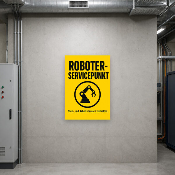 KI-generiertes Anwendungsbeispiel: Roboter-Servicepunkt Schild mit Arbeitsbereich freihalten Hinweis an einer Betriebswand.