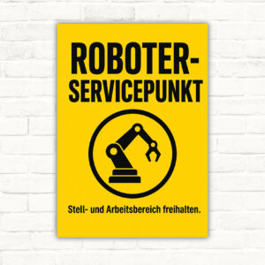 Roboter-Servicepunkt Schild mit Text „Stell- und Arbeitsbereich freihalten.“ und technischem Motiv auf dunkelblauem Grund.