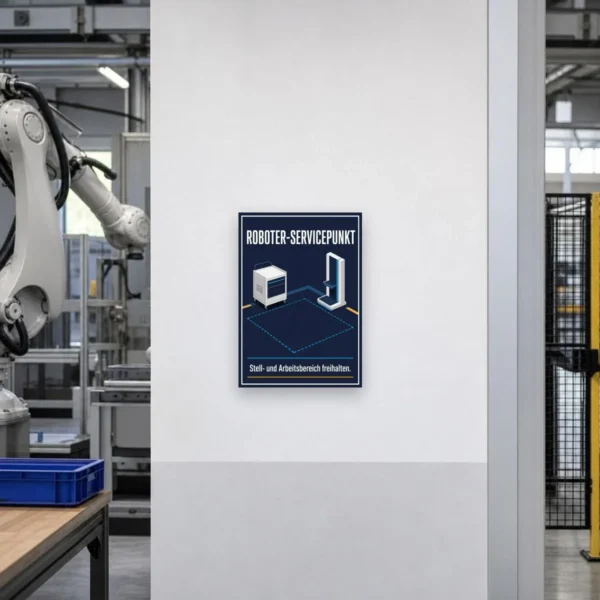 KI-generiertes Anwendungsbeispiel: Roboter-Servicepunkt Schild mit Arbeitsbereich freihalten Hinweis an einer Betriebswand.