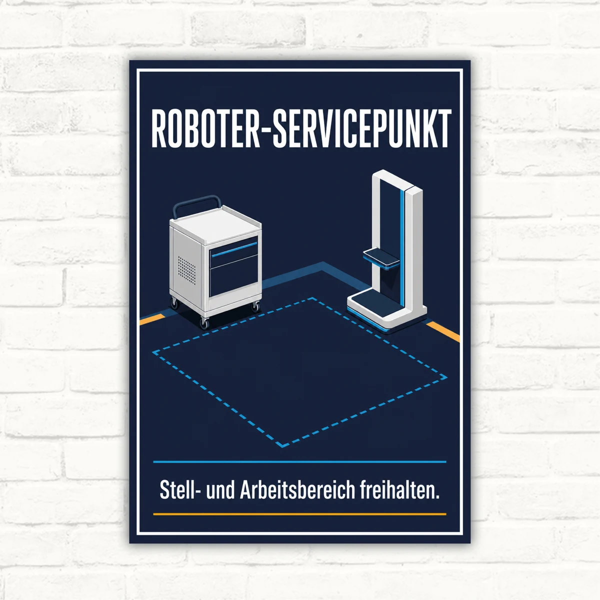 Roboter-Servicepunkt Schild mit Text „Stell- und Arbeitsbereich freihalten.“ und technischem Motiv auf dunkelblauem Grund.