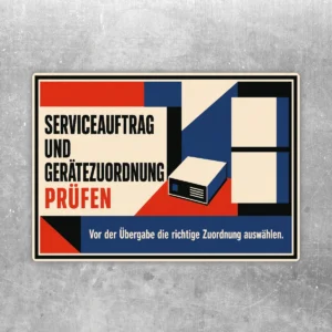 Aufkleber im Querformat mit Text Serviceauftrag und Gerätezuordnung prüfen in Creme, Schwarz, Rot und Dunkelblau.