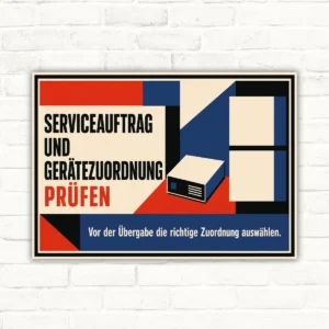 Serviceauftrag Schild mit Text „Serviceauftrag und Gerätezuordnung prüfen“ als technisches Hinweisschild im Querformat.