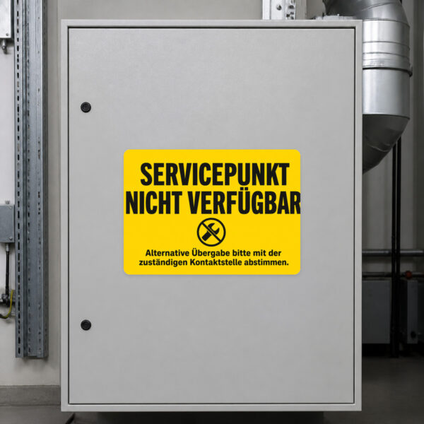 KI-generiertes Anwendungsbeispiel: Servicepunkt nicht verfügbar Aufkleber an einer Servicezone mit Übergabewagen.