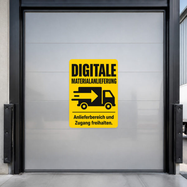 KI-generiertes Anwendungsbeispiel: Aufkleber Digitale Materialanlieferung an grauer Fläche für freie Anlieferzone.