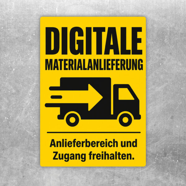 Aufkleber Digitale Materialanlieferung mit Hinweis Anlieferbereich und Zugang freihalten in Blau, Orange und Weiß.