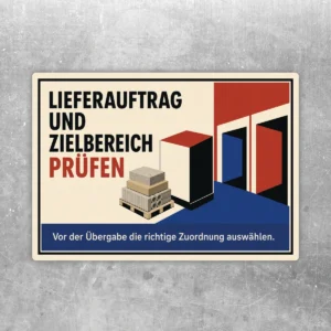 Aufkleber Lieferauftrag und Zielbereich prüfen mit Lagergrafik, Palette und Hinweis zur richtigen Zuordnung vor der Übergabe.