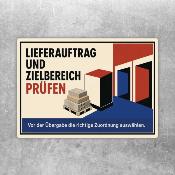 Aufkleber Lieferauftrag und Zielbereich prüfen mit Lagergrafik, Palette und Hinweis zur richtigen Zuordnung vor der Übergabe.