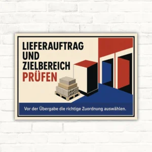 Hinweisschild mit Text „Lieferauftrag und Zielbereich prüfen“ sowie Grafik für die Übergabe im Logistikbereich.