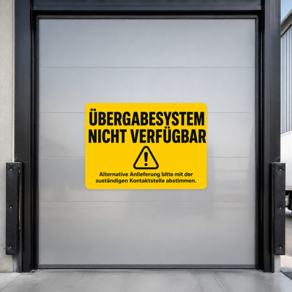 KI-generiertes Anwendungsbeispiel: Übergabesystem nicht verfügbar Aufkleber an grauer Wand neben einer Übergabestelle.