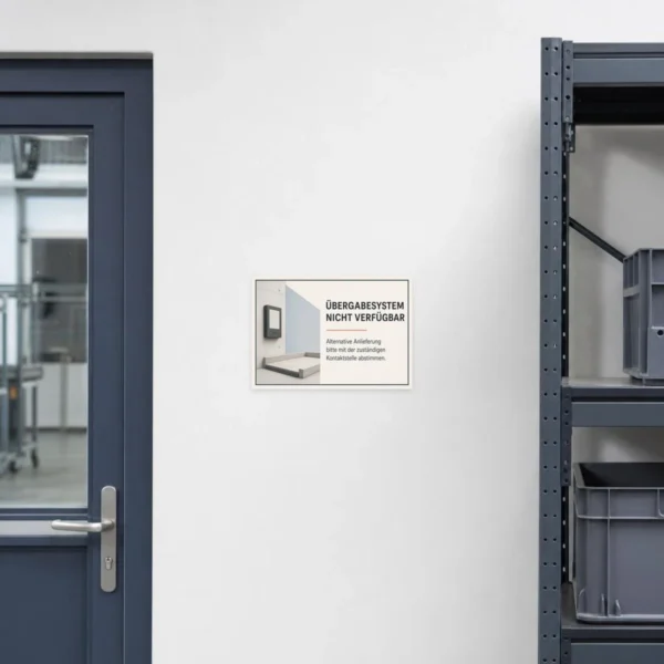 KI-generiertes Anwendungsbeispiel: Übergabesystem nicht verfügbar Aufkleber an grauer Wand neben einer Übergabestelle.