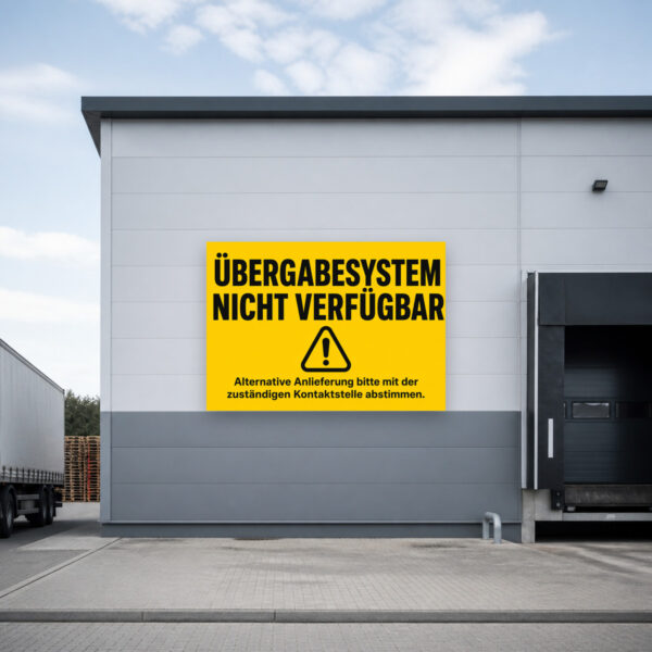 KI-generiertes Anwendungsbeispiel: Schild „Übergabesystem nicht verfügbar“ neben Ablagefläche und Wandterminal.