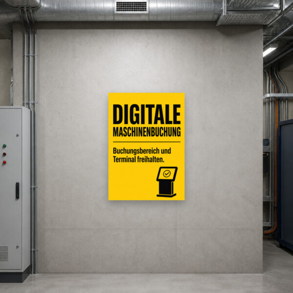 KI-generiertes Anwendungsbeispiel: Schild „Digitale Maschinenbuchung“ am Terminal, Buchungsbereich freihalten.