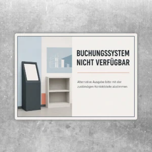 Aufkleber im Querformat mit Text Buchungssystem nicht verfügbar und Hinweis zur alternativen Ausgabe über Kontaktstelle.