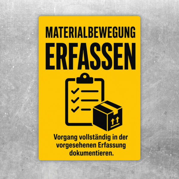 Materialbewegung erfassen Aufkleber in Dunkelgrün und Gold als Hinweis zur vollständigen Dokumentation im Lager.