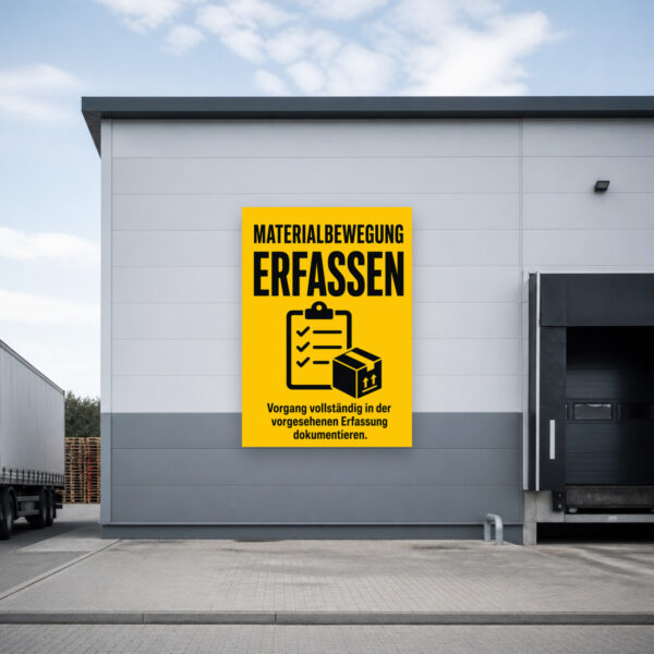 KI-generiertes Anwendungsbeispiel: Materialbewegung erfassen Schild als dekorativer Prozesshinweis an einer Betriebswand.