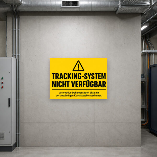 KI-generiertes Anwendungsbeispiel: Schild „Tracking-System nicht verfügbar“ an Büroarbeitsplatz mit Dokumentationshinweis.