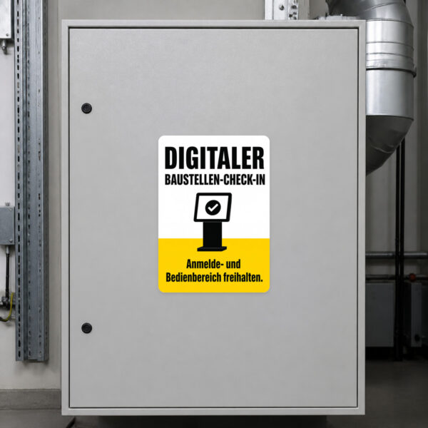 KI-generiertes Anwendungsbeispiel: Digitaler Baustellen-Check-in Aufkleber an grauer Fläche mit Terminal-Hinweis.
