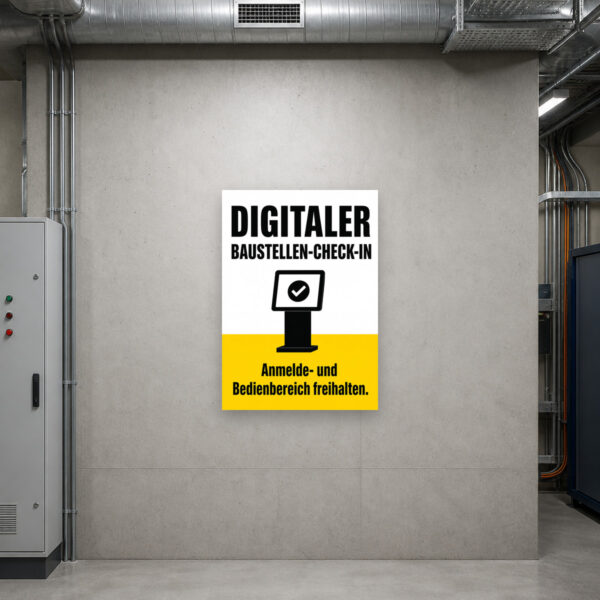 KI-generiertes Anwendungsbeispiel: Schild Digitaler Baustellen-Check-in am Anmeldebereich einer Baustelle.