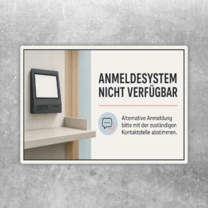 Aufkleber im Querformat mit Text Anmeldesystem nicht verfügbar und Hinweis zur alternativen Anmeldung.