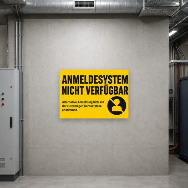 KI-generiertes Anwendungsbeispiel: Schild „Anmeldesystem nicht verfügbar“ neben Terminal im Empfangsbereich.