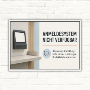 Hinweisschild mit Text „Anmeldesystem nicht verfügbar“ und Hinweis zur alternativen Anmeldung bei Kontaktstelle.