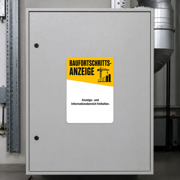 KI-generiertes Anwendungsbeispiel: Baufortschrittsanzeige Aufkleber auf grauer Fläche mit Freifeld für Projektinfos.