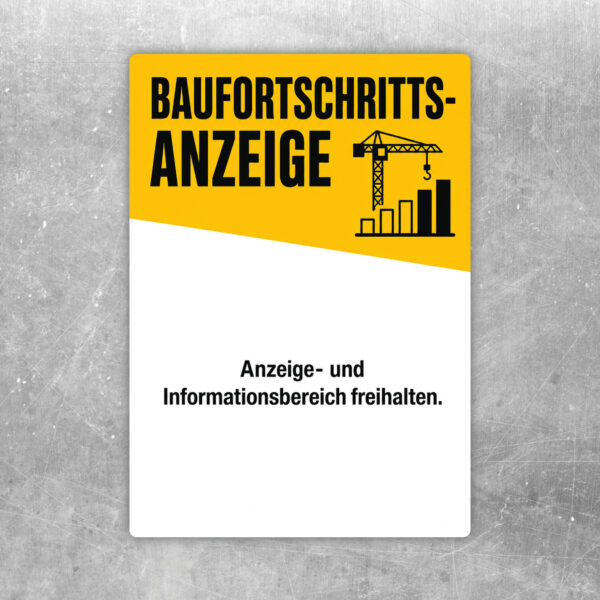 Baufortschrittsanzeige Aufkleber in Dunkelblau mit Gebäudegrafik und großem freiem Informationsfeld.