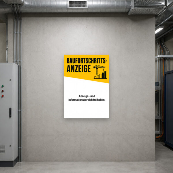 KI-generiertes Anwendungsbeispiel: Baufortschrittsanzeige Schild mit freiem Informationsbereich an heller Wand montiert.
