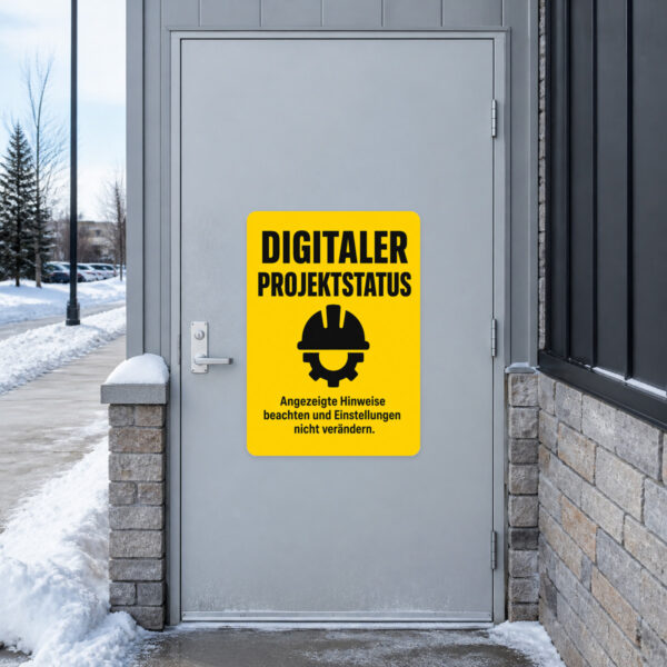KI-generiertes Anwendungsbeispiel: Digitaler Projektstatus Aufkleber auf grauer Fläche neben einem Arbeitsbereich.