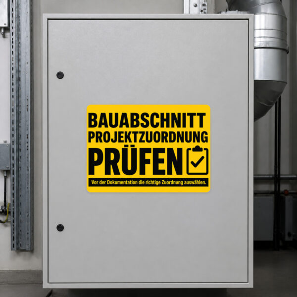 KI-generiertes Anwendungsbeispiel: Bauabschnitt prüfen Aufkleber auf grauer Fläche für Projektzuordnung vor Dokumentation.