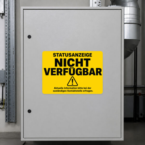 KI-generiertes Anwendungsbeispiel: Statusanzeige nicht verfügbar Aufkleber neben einer Anzeige mit Kontaktstellenhinweis.