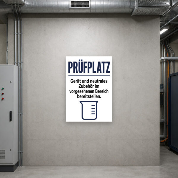 KI-generiertes Anwendungsbeispiel: Prüfplatz Schild mit Gerätegrafik und Hinweis zum Bereitstellen von neutralem Zubehör.