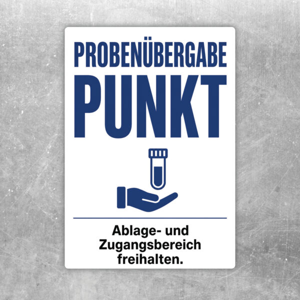 Probenübergabepunkt Aufkleber mit Hinweis Ablage- und Zugangsbereich freihalten in Blau, Türkis und Weiß.