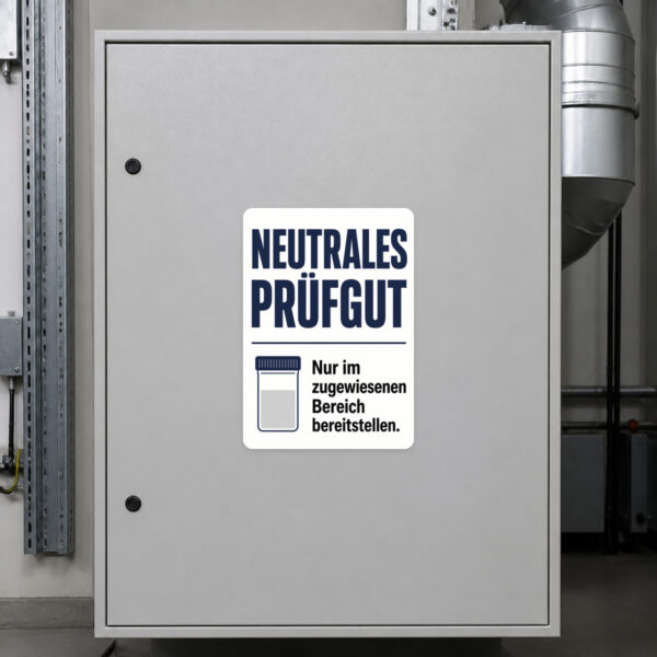 KI-generiertes Anwendungsbeispiel: Aufkleber neutrales Prüfgut auf Metallhintergrund mit bordeaux-beigem Prüfbereich-Motiv.