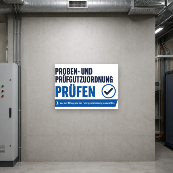 KI-generiertes Anwendungsbeispiel: Hinweisschild Proben- und Prüfgutzuordnung prüfen am passenden Einsatzort mit gut sichtbarem Motiv und klarer Beschriftung.