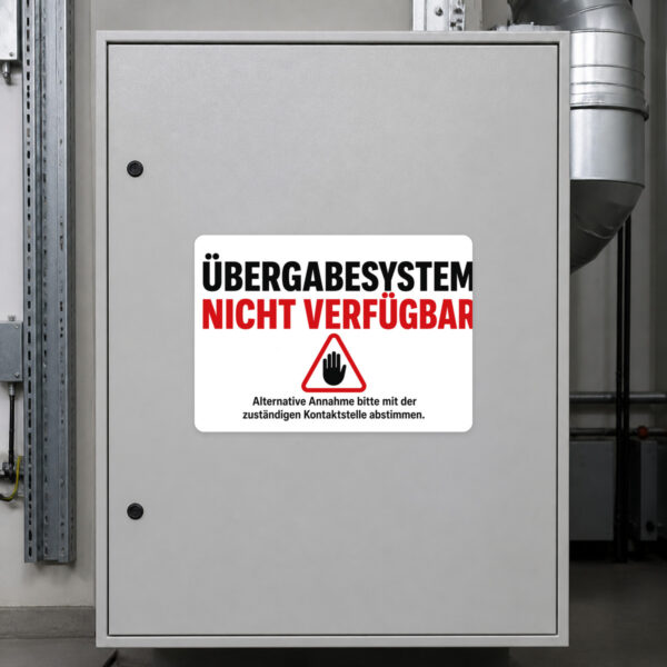 KI-generiertes Anwendungsbeispiel: Übergabesystem nicht verfügbar Aufkleber auf grauem Untergrund mit Hinweis zur alternativen Annahme.