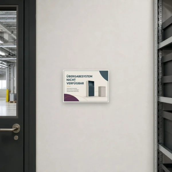 KI-generiertes Anwendungsbeispiel: Schild „Übergabesystem nicht verfügbar“ neben moderner Paketannahme im Betrieb.