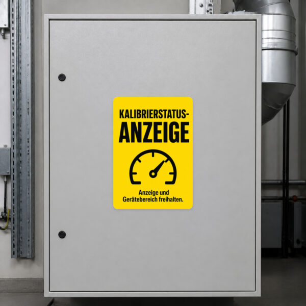 KI-generiertes Anwendungsbeispiel: Kalibrierstatus Aufkleber an technischem Gerätebereich mit freizuhaltender Anzeige.