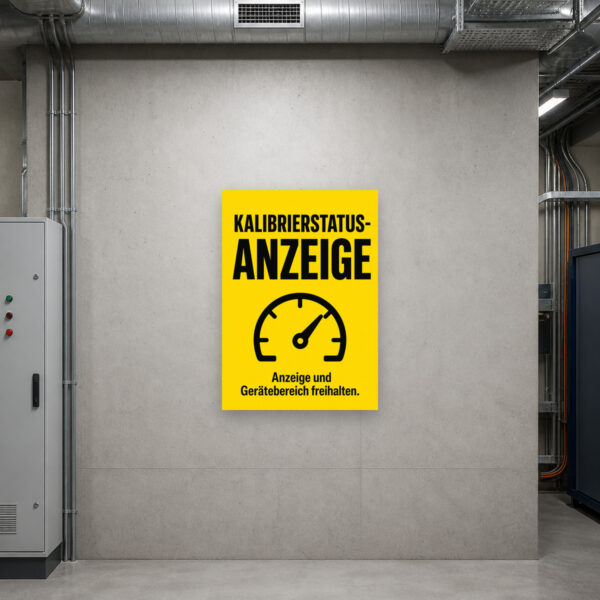KI-generiertes Anwendungsbeispiel: Kalibrierstatus Schild „Anzeige- und Gerätebereich freihalten“ an einer Wand im Technikbereich.