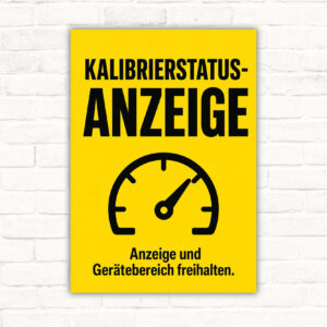 Kalibrierstatus Schild mit Text „Anzeige- und Gerätebereich freihalten“, blaues Technikmotiv mit Anzeige und Gerät.