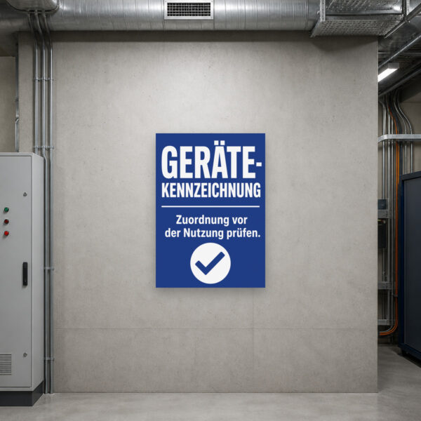 KI-generiertes Anwendungsbeispiel: Hochformatiges Gerätekennzeichnung-Schild mit „Zuordnung vor der Nutzung prüfen“ an einer Werkstattwand.
