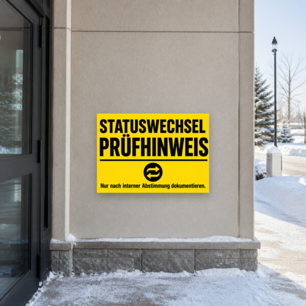 KI-generiertes Anwendungsbeispiel: Statuswechsel Schild mit Prüfhinweis für interne Dokumentation an einer Wand.