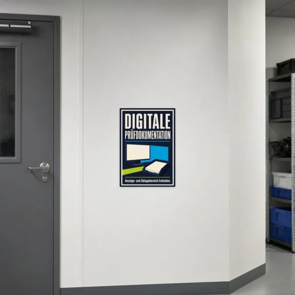 KI-generiertes Anwendungsbeispiel: Digitale Prüfdokumentation Aufkleber an Prüfplatz mit Monitor und Ablagebereich.