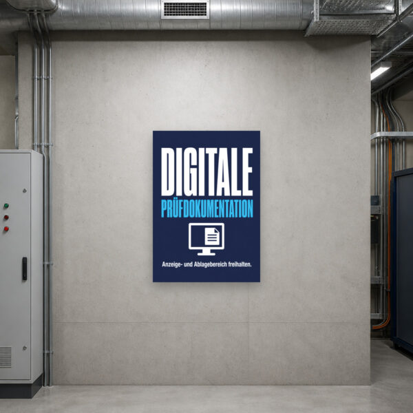 KI-generiertes Anwendungsbeispiel: Technik-Schild „Digitale Prüfdokumentation“ für freien Anzeige- und Ablagebereich.